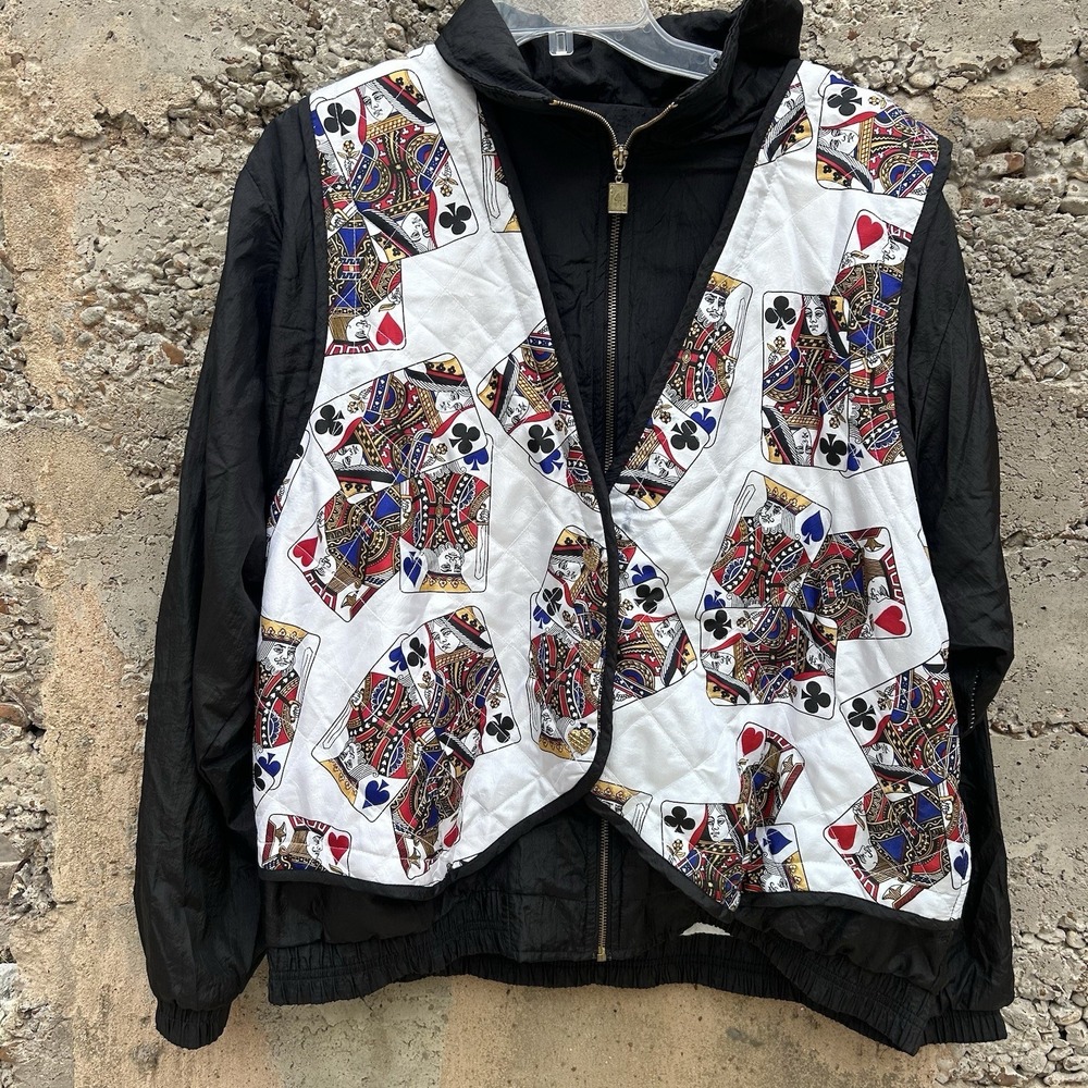 Vintage Lavon Nylon Tracksuit Jacket XL King Queen Cards Lined Faux Vest Poker